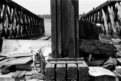 Homeless man with his chained up  pit bull Hudson River Pier, NYC